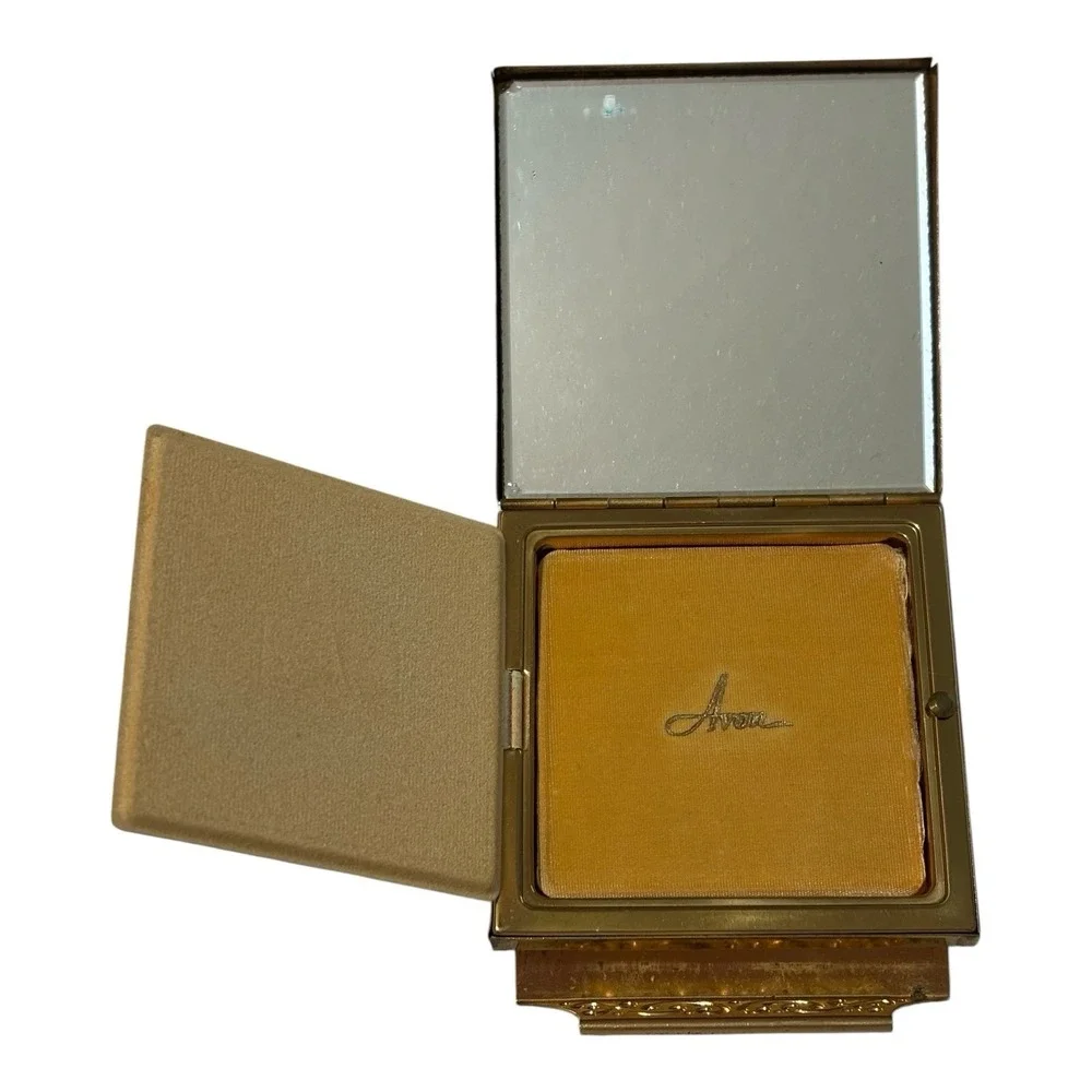 Vintage Avon Gold Tone Powder Compact Mirror w Puff Art Deco Style Vanity